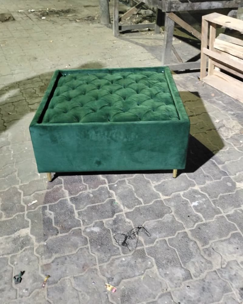 Green tufted velvet ottoman, custom upholstered furniture
